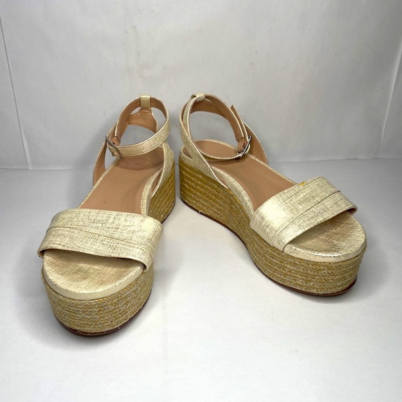 27 EDIT Jamari White Brushed Gold Leather Adjustable Strap Espadrilles Wedges - Picture 8 of 11